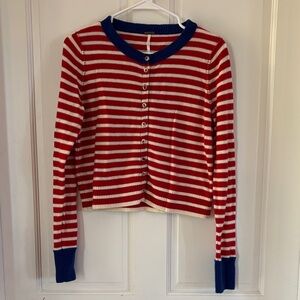 Red and White Striped Cardigan with Blue Accents